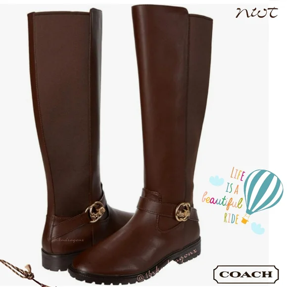 NWT Genuine Leather Risinf Boot Coach Brown Luggage Gold Embellished Boots - Picture 4 of 7